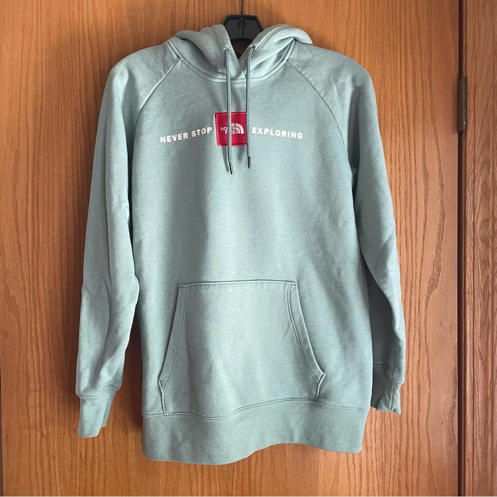 Northface Never Stop Exploring mint green/blue Hoodie with red patch - Picture 2 of 9
